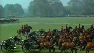 Queen Elizabeth II and King Faisal review the Royal Horse Artillery RHA 1967