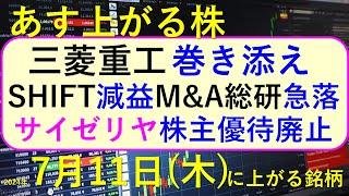 あす上がる株　2024年７月１１日（木）に上がる銘柄。三菱重工が調査対象。SHIFTの決算は減益。サイゼリヤが決算で株主優待を廃止～最新の日本株情報。高配当株の株価やデイトレ情報も～