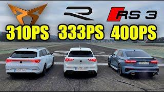 MQB EVO DRAG RACE  RS3 vs GOLF R vs CUPRA Leon VZ  Fahr doch