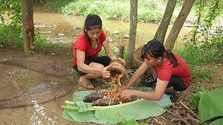 Two sisters catch fish in river Fish hot salt chili burned underground so delicious food for dinner