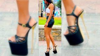 latina girl in leather miniskirt perfect matching metal heels sandals TRY ON