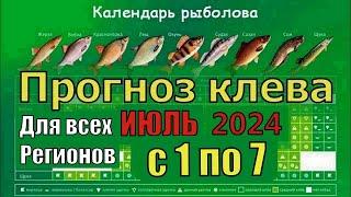 Прогноз клева рыбы на Эту неделю с 1 по 7 Июля 2024 Календарь рыбака на Июль Лунный календарь