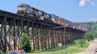 Trains Passing On Gigantic Bridge With View From Top Coal Trains Under Big Intermodal Flying Past