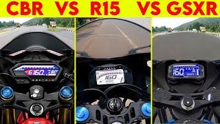 CBR 150R VS R15 V4 VS GSXR 150  0 TO 100  TOPSPEED BATTLE