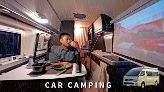 Car camping in the rain Sleeping in the car eating sushi in an apple orchard. Hiace camper