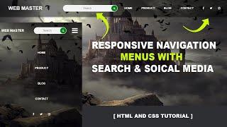 Transparent responsive navigation menus with  search box and social media