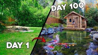 Building TINY WARM HOUSE with FISH POND in my Backyard  In 100 DAYS