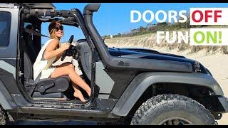 Jeep Wrangler Doors Off Beach Fun offroading in Bribie Island Australia Jeep Girl