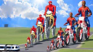 Big & Small Zombie Spiderman on a motorcycle vs Spiderman on a motorcycle with Saw Wheels  BeamNG