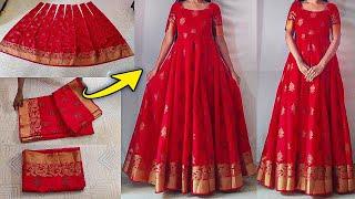 Anarkali dress cutting & stitching easily   Convert saree into long gownfrockdress  Saree reuse