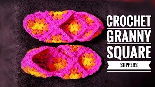 HOW to CROCHET GRANNY SQUARE SLIPPERS - Crochet Soft Shoes or crochet Bedroom Slipper for Adults