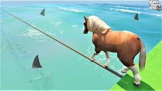 حصان يجازف من فوق أسماك القرش  GTA 5 - Horse Risky Walk Through The Sharks