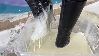 Boots Stuck in smelly liquid Heeled Boots stuck in Non-Newtonian Fluid Boots Stuck Hard vol. 68