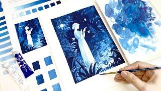 Gouache Monochrome Painting Tutorial  Create Aesthetic Art with One Color  Free Printable Sketch 