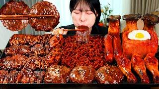 ASMR MUKBANG 직접 만든 불닭 짜장 버섯 양념치킨 소세지 통스팸 먹방 & 레시피 FRIED CHICKEN AND FIRE NOODLES EATING