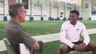 Lions rookie cornerback Terrion Arnold talks with Dan Miller