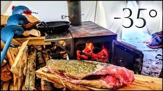 -35° Solo Camping 4 Days  Snowstorm Ice Fishing & First Sighting of ???