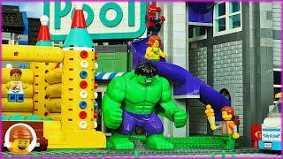 Lego Swimming Pool SLIDE DISASTER Can HULK and SPIDERMAN Save the Day?