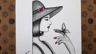 Easy Pencil Drawing Ideas Drawing Woman in Hat with Butterfly Drawing Our Hobby 2022