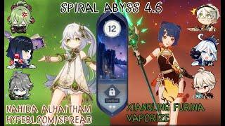 C2 Nahida C0 Alhaitham HyperbloomSpread and C6 Xiangling C0 Furina Vaporize - Abyss 4.6 - Floor 12