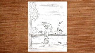 How to draw A Rainy Day Scenery  Easy Pencil sketch of a Rainy Season scenery  pencil sketch