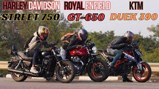 2024 Duke390 vs Harley Davidson Street 750 vs Royal Enfield Continental GT650 Drag Race 