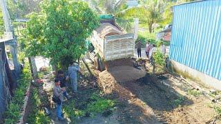 Unbelievable full project Komatsu bulldozer D21 push sand filling land &mini dump truck delivery