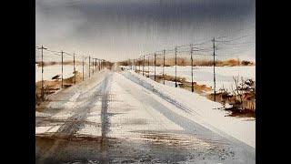 Beginners 1 Point Perspective Watercolour Tutorial Snowy Highway Road Loose Watercolor Landscape