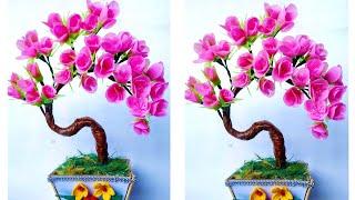 How to Make Artificial Bonsai  Shopping bag flowers Shopping bag crafts  Best out of waste