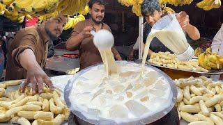 Crushed Ice Banana Milkshake  Roadside Street Drink Banana Juice Making  Street Food Processing