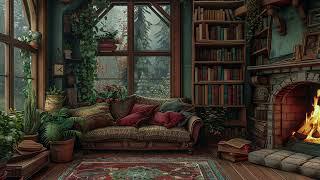 Cozy Reading Nook On Rainy Day - Crackling Fireplace Rain On Window Sound to Relax Study Work