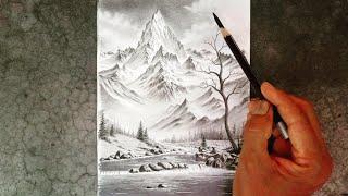 How to draw rocky mountains and river landscape by pencil with easy steps.