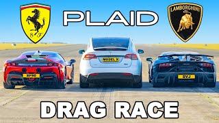 Tesla Model X PLAID v Ferrari SF90 v Lambo SVJ DRAG RACE