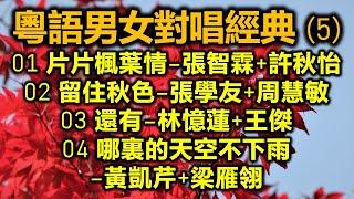 粵語男女對唱經典 5（内附歌詞）01 片片楓葉情–張智霖+許秋怡；02 留住秋色–張學友+周慧敏；03 還有–林憶蓮+王傑；04 哪裏的天空不下雨–黃凱芹+梁雁翎