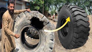 Caterpillar Monster Tire Repairing  Repairing A Huge Old Tire Sidewall  Tire Repair