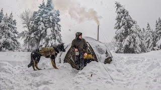 Caught in a Heavy Snowfall - Winter Camping in a Deep Snow Hot Tent Wood Stove Cold Weather