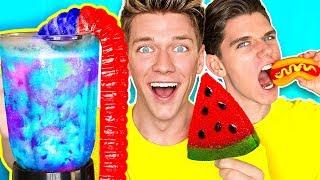 Gummy Food vs. Real Food SMOOTHIE CHALLENGE *GIANT GUMMY DRINK* Eating Best Gross Real Worm Candy