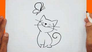 cómo dibujar un gato con mariposa paso a paso