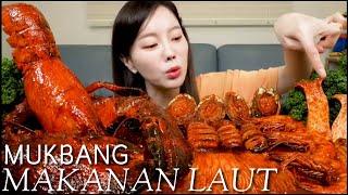 Mukbang   Makanan Laut Abalon Cumi Pedas Jamur Enoki dan Lobster Raksasa