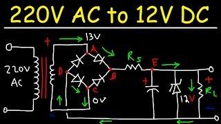 220V AC to 12V DC Converter Power Supply Using Diodes Capacitors Resistors & Transformers