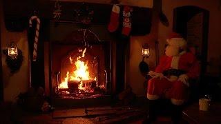 Santa Claus Sitting and Relaxing at the Crackling Christmas Fireplace Scene in His Holiday Cabin