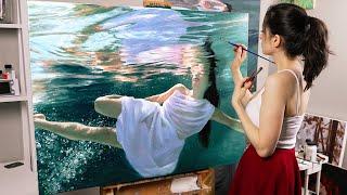 I painted myself underwater it took 4 months  Oil Painting Time Lapse  Realistic Water