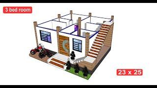 23 x 25 village house with 3 bed rooms II 23 x 25 ghar ka naksha II 3 bhk house plans