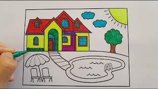 Coloring a house and an umbrella and a pool for kids رنگ آمیزی یک  خانه و چتر واستخر برای کودک