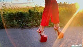 sunset walk in Red High Heels Sandals #red #heels #sunset