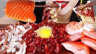 ASMR RAW OCTOPUS & RAW BEEF & SALMON 육회 산낙지 탕탕이 연어회 먹방 MUKBANG EATING SOUNDS.