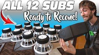 ALL 12 SUBWOOFERS Lined Up & Ready for Reconing + LOUD BASS Demos on 2 18 inch PSI Car Audio Subs
