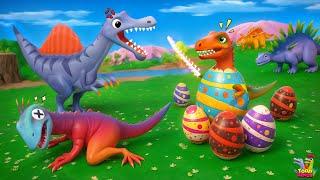 Dinosaur Egg Adventure T-Rexs Funny Battle with Spinosaurus & Velociraptor in Jurassic Dinos Land