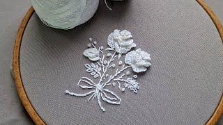 3D White Roses Cast on Stitch - White Embroidery
