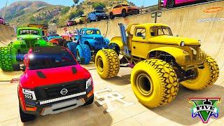 SPIDERMAN CARS Monster Trucks MEGA Ramp Challenge  SUPERHERO HULK Motos JET SKI BIKE Race - GTA V